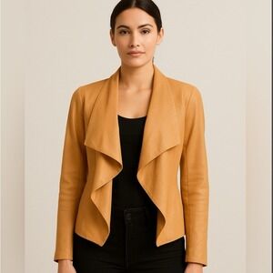 Theory Tan / Camel Drape Front Women Leather Jacket Size L  Open Waterfall Style